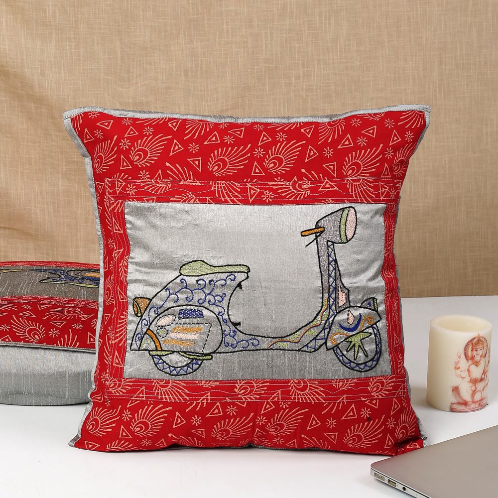 Indha Embroidered Cushion Cover Lambretta Scooter Moped Embroidery |  Hand Block Printed Cotton | 16.0 X 16.0 Inch Cushion Covers Set of 2
