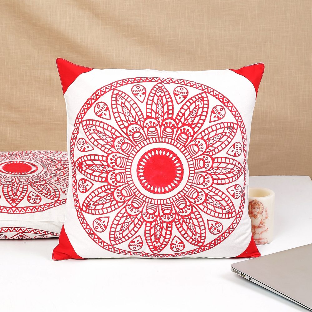 Indha Block Printed Cushion Cover Flower Print Red | 16x16 Cushion Cover Set of 2 |Home Utility | Home Decor | Home Furnishing | Throw Cushion Cover Set | Corporate Gifting