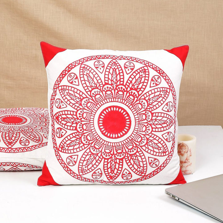 Indha Block Printed Cushion Cover Flower Print Red | 16x16 Cushion Cover Set of 2 |Home Utility | Home Decor | Home Furnishing | Throw Cushion Cover Set | Corporate Gifting