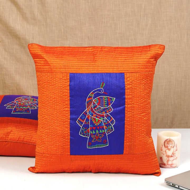 Indha Embroidered Cushion Cover Peacock Embroidery |16x16 Inches Cushion Covers set of 2 | Throw Cushion Covers | Home Decor | Home Furnishing | Corporate Gifting | Orange &amp; Blue Cushion Cover