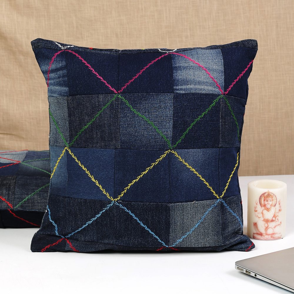 Indha Cushion Cover Denim Patchwork | 16X16 Cushion Cover Blue Denim | Home Decor | Throw Cushion Cover Set | Home Furnishing | Corporate Gifting