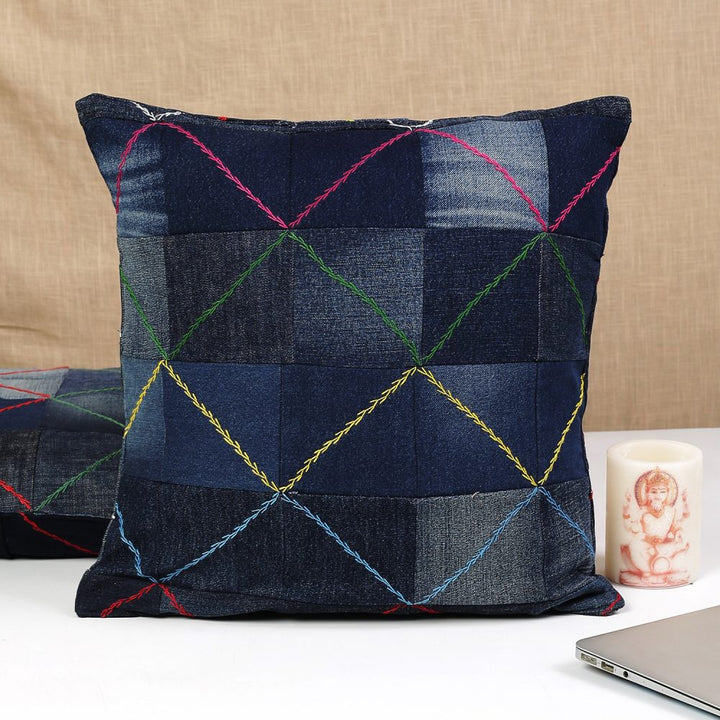 Indha Cushion Cover Denim Patchwork | 16X16 Cushion Cover Blue Denim | Home Decor | Throw Cushion Cover Set | Home Furnishing | Corporate Gifting
