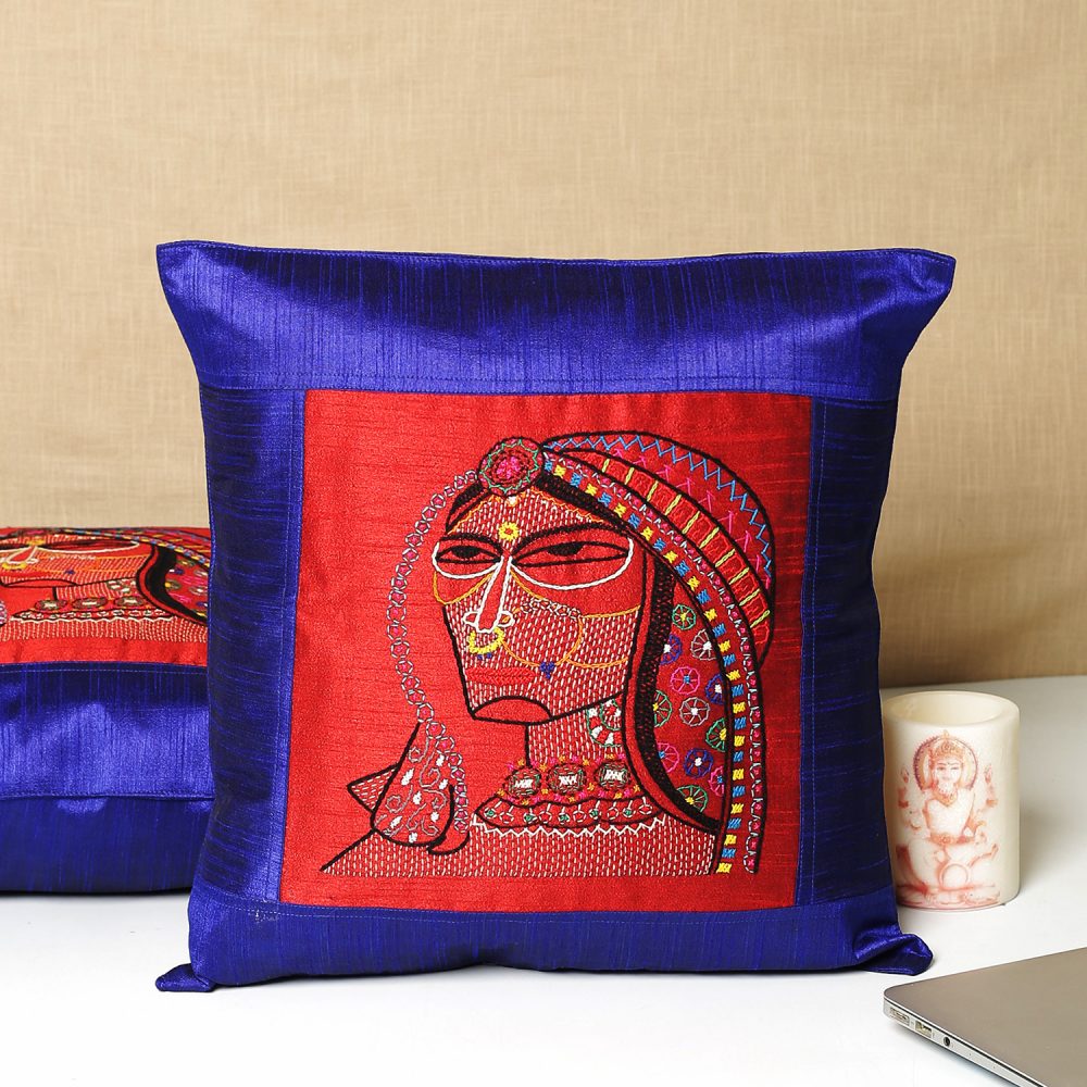 Indha Hand Embroidered Cushion Covers Rajasthani Lady Face Embroidery | 16X16 Cushion Covers Set of 2 | Blue Dupion Silk Cushion Covers | Home Furnishings| Home Decor | Corporate Gifting