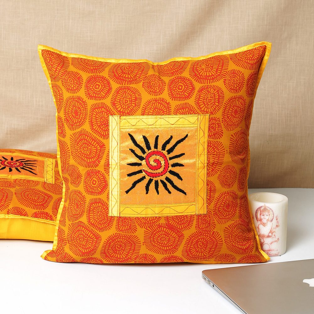 Cotton Hand Embroidered with Ethnic Block Print Cushion Covers Set of 2