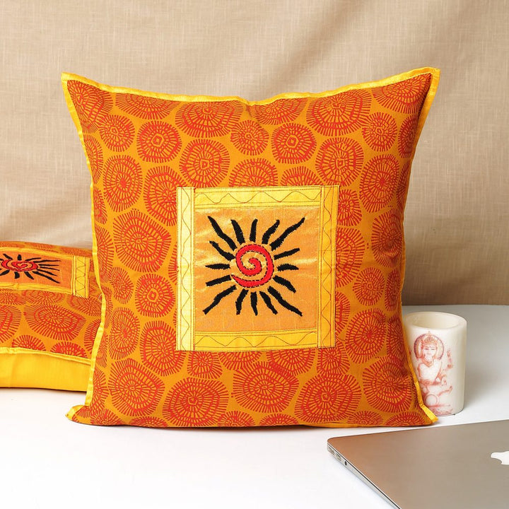 Cotton Hand Embroidered with Ethnic Block Print Cushion Covers Set of 2