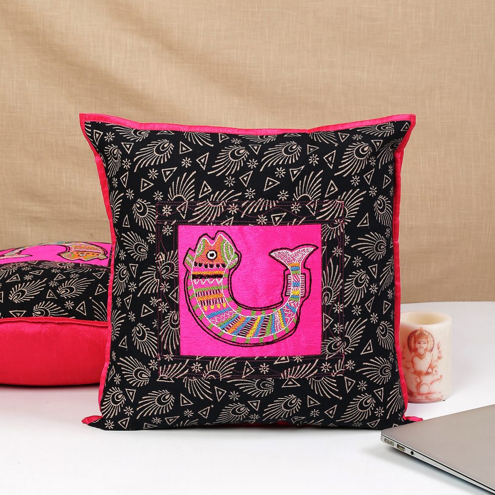 Cotton Hand Block Printed Fish Embroidered Motif Cushion Covers Set of 2