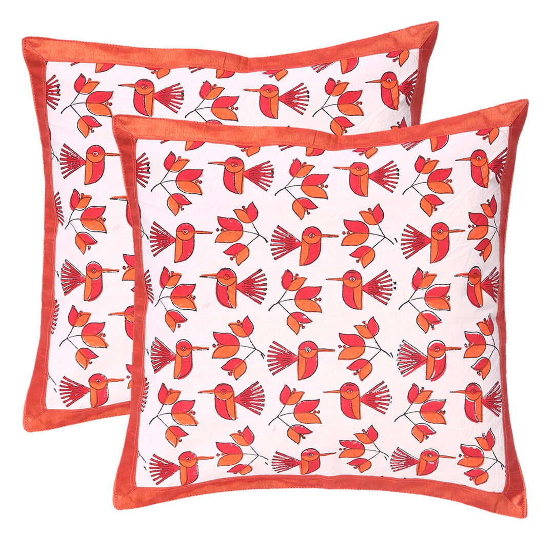 Indha Hand Block Printed Cushion Covers Flower &amp; Birds Print | 16X16 Inches Cushion Covers Set of 2 | Cotton Cushion Covers | Home Furnishing | Home Decor | Corporate Gifting