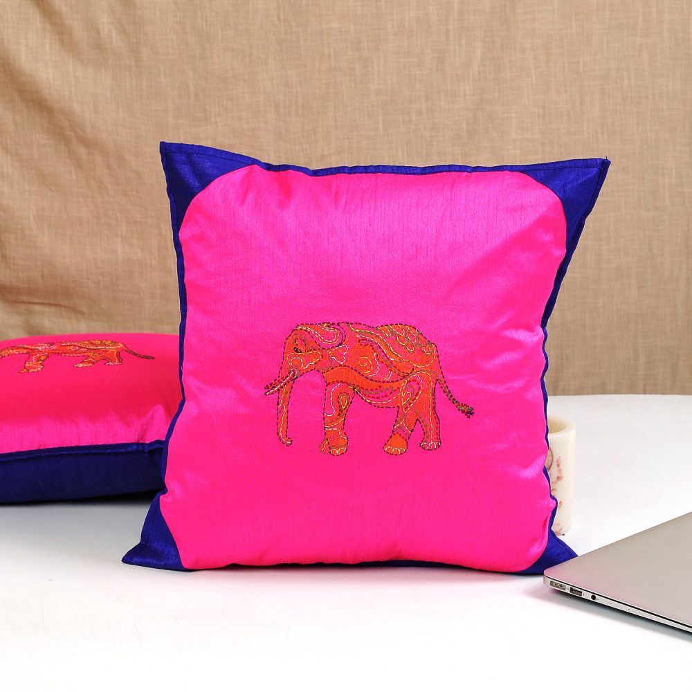 Indha Hand Embroidered Cushion Cover Elephant Embroidery | 16.0 X 16.0 Inch Cushion Cover | Set of 2 Silk Cushion Cover | Corporate Gifting | Home Furnishing | Home Décor