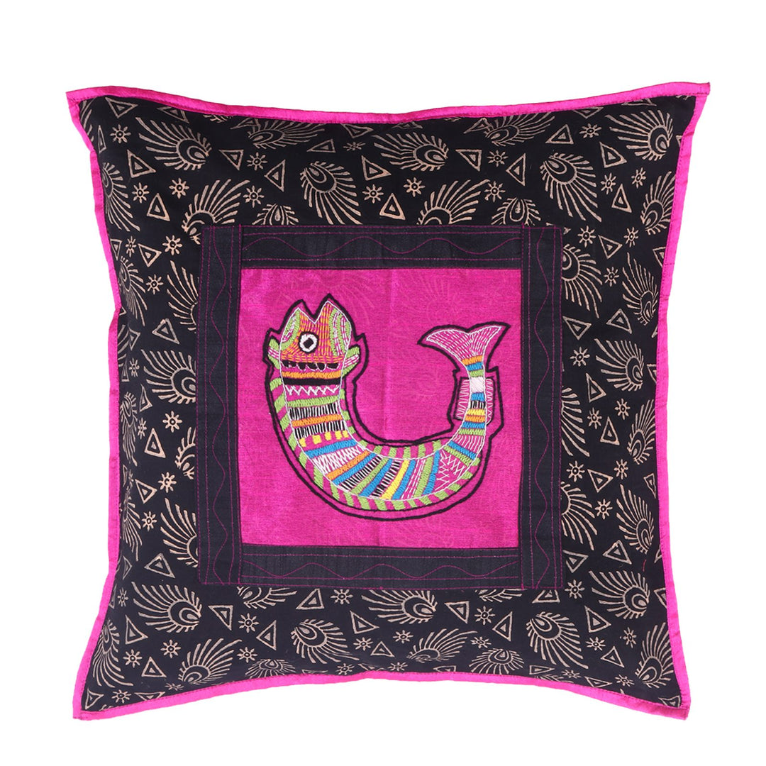 Cotton Hand Block Printed Fish Embroidered Motif Cushion Covers Set of 2
