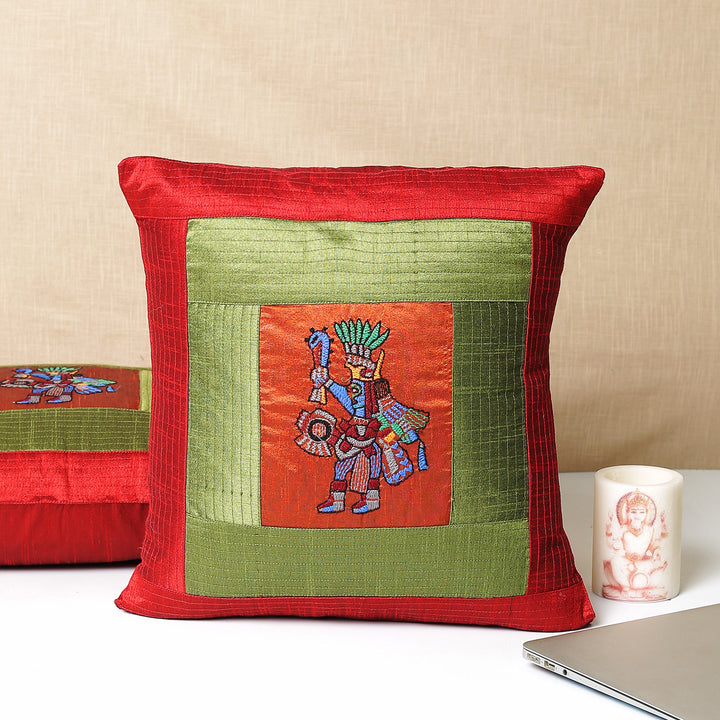 Indha Hand-Embroidered Ancient Indian Motif Cushion Covers - Set of 2 | Dupion Silk, 16x16 Inches, Spartan Motif