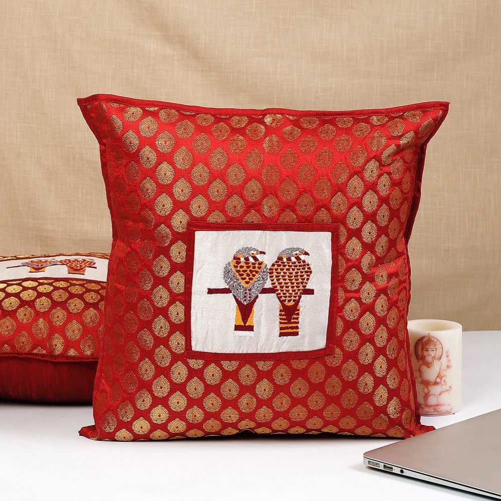 Indha Embroidered Cushion Covers Birds-Motif | 16X16 Cushion Cover Maroon Brocade | Corporate Gifting | Home Furnishing | Home Decor | Set of 2 Cushion Covers