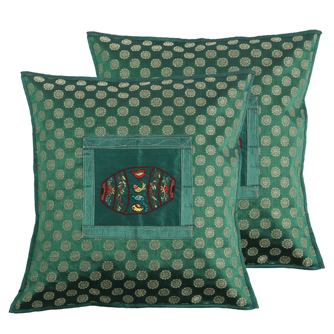 Indha Embroidered Cushion Cover Mridang Motif | 16X16 Cushion covers Set of 2 | Green Cushion Covers | Home Furnishing | Home Decor | Corporate Gifting
