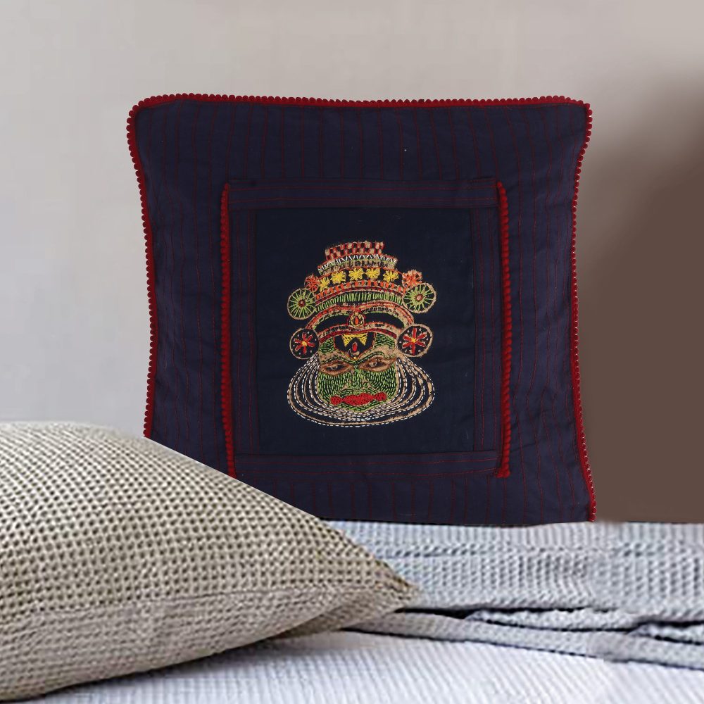 Kathakali Dancer Face Hand Embroidered Blue &amp; Red Throw Dupion Silk Cushion Cover Set (Set of 2) Home Décor | Home Furnishing | Throw Cushion Covers | Corporate Gifting | Hand Embroidered Cushion Cover