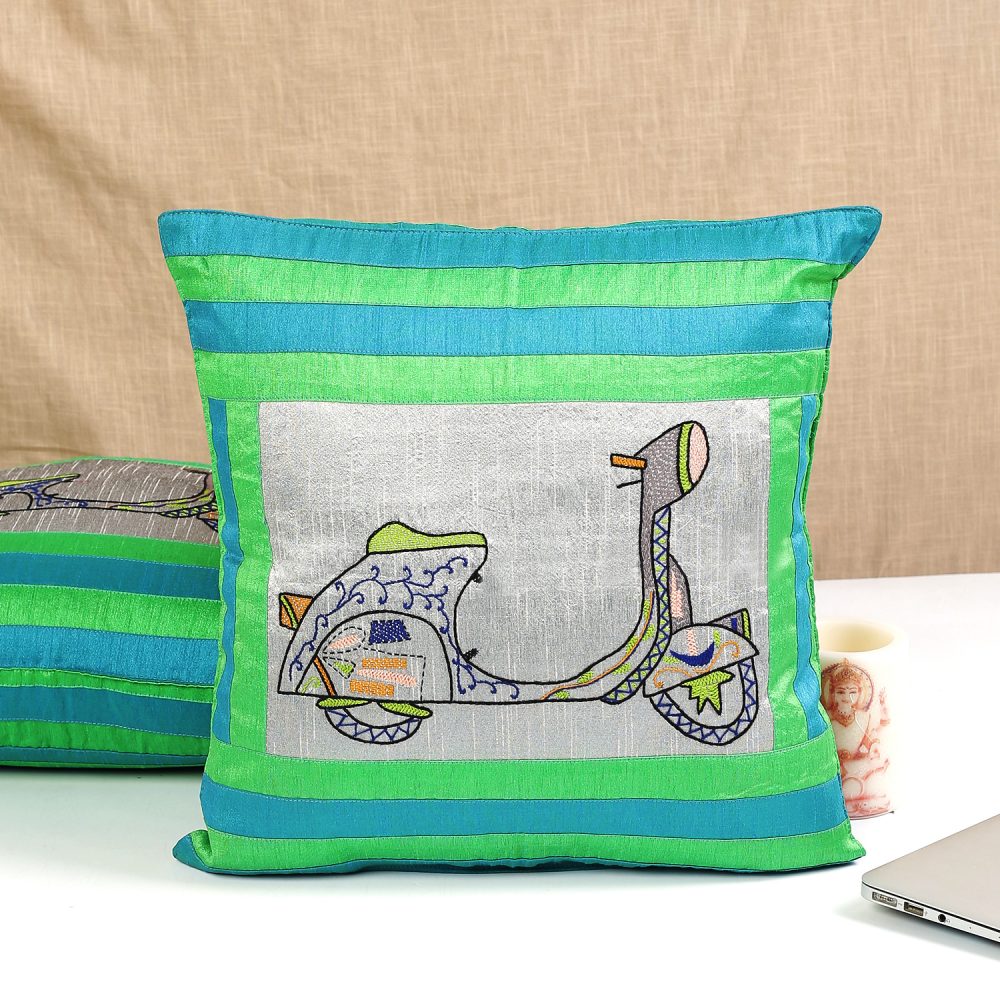 Indha Embroidered Cushion Cover - Unique Sea Green &amp; Blue Design with Lambretta Scooter | 16.0 X 16.0 Inch Cushion Cover Set of 2 | Corporate Gifting | Home Decor | Throw cushion cover | Home Furnishing