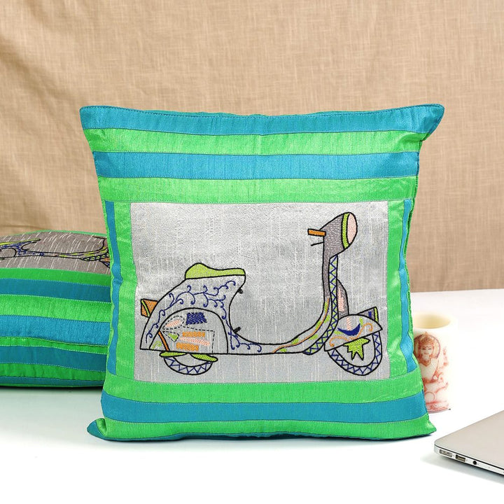 Indha Embroidered Cushion Cover - Unique Sea Green &amp; Blue Design with Lambretta Scooter | 16.0 X 16.0 Inch Cushion Cover Set of 2 | Corporate Gifting | Home Decor | Throw cushion cover | Home Furnishing