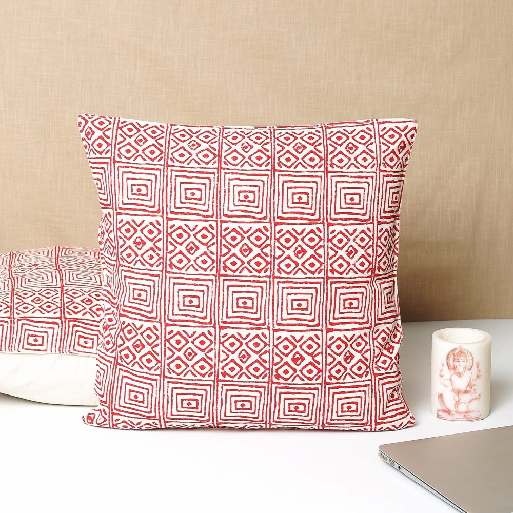 Indha Block Printed Cushion Cover Geometric-Print  | 16X16 Inches Cushion Cover | Throw Cushion Covers | Home Decor | Home Furnishing | Corporate Gifting | Set of 2 Cushion Covers
