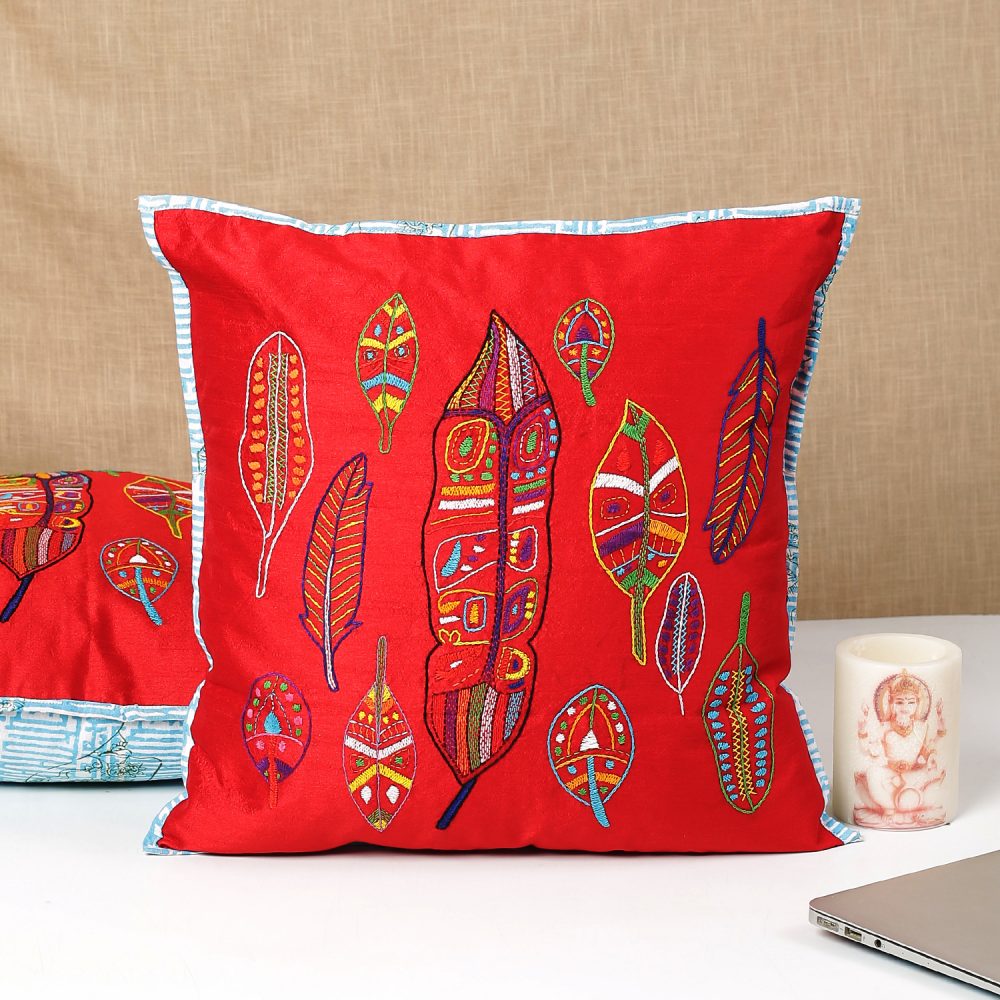 Indha Embroidered Cushion Cover Feather Embroidery Red | 16X16 Inches Cushion Cover | Red Cushion Cover | Home Decor | Throw Cushion Cover Set | Home Furnishing | Corporate Gifting