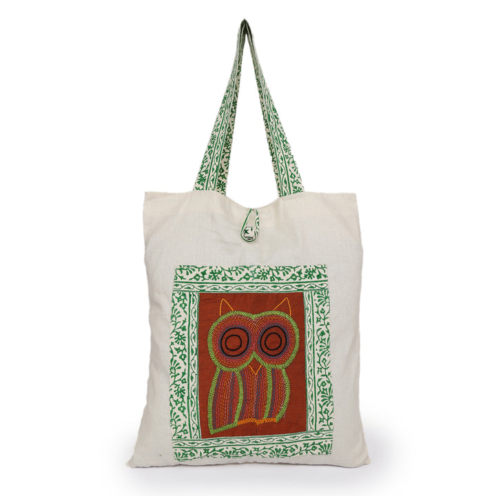 Indha Hand Embroidered Cotton Shopping Bag | Eco-Friendly Reusable Tote | Single Unit (14 x 16 in, Assorted Designs)