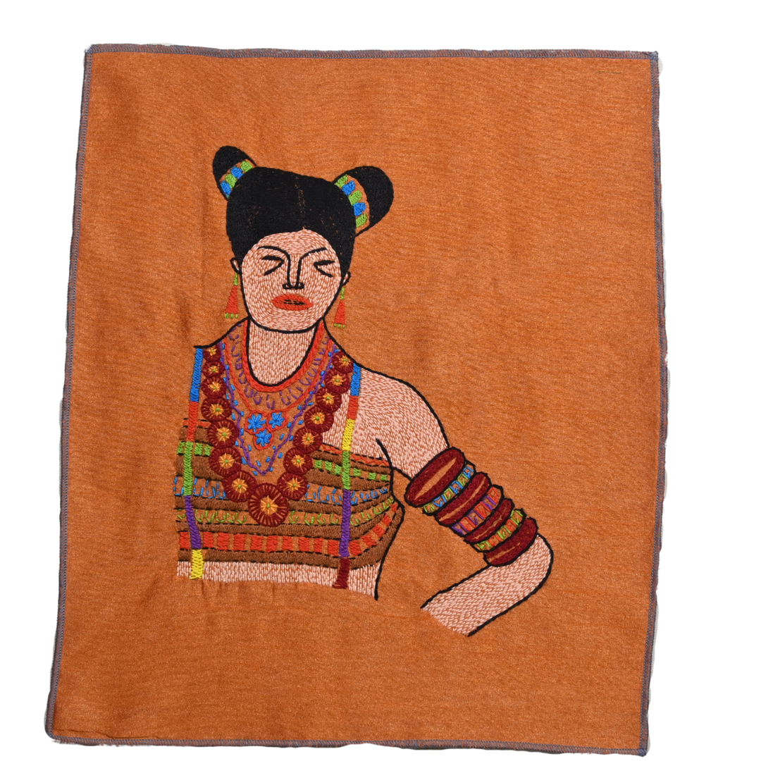Indha Tribal Girl Hand Embroidery Panel – Bold Folk Motif on Dupion Silk | DIY Decor | Artisan Gift