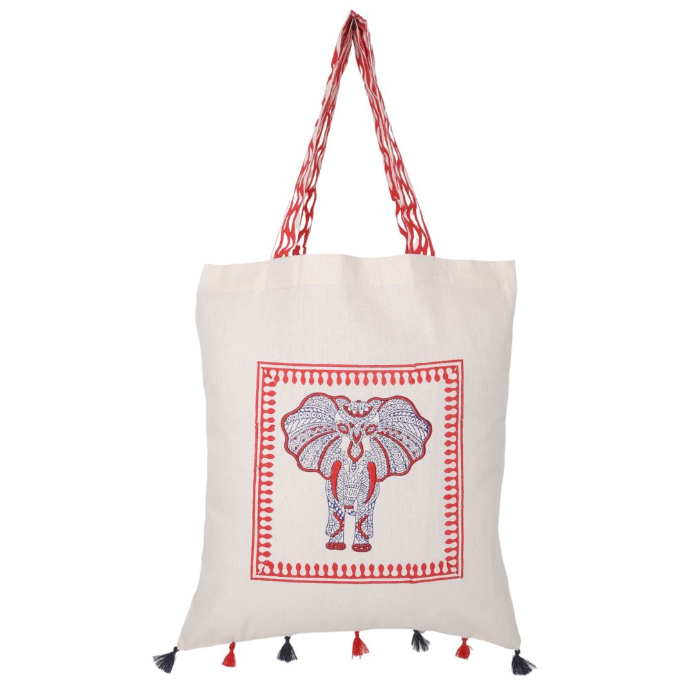 Indha Hand Block Printed Natural Cotton Tote Bag with Elephant Print and Tassel Embellishment | Eco-Friendly Fashion | Indha Artisan Crafted Elephant Motif Cotton Tote Bag with Tassel Detail | Sustainable Style| Perfect for Gifting