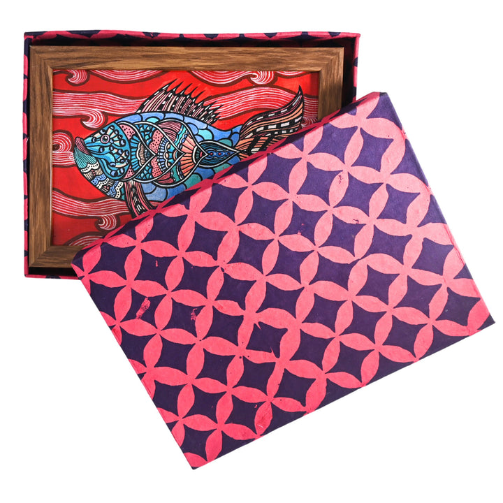 Indha Hand-Painted Boho Fish Wall Art | Upcycled Tablet Painting | Framed in Reclaimed Wood with Vegan Leather Back | Sustainable Acrylic Decor