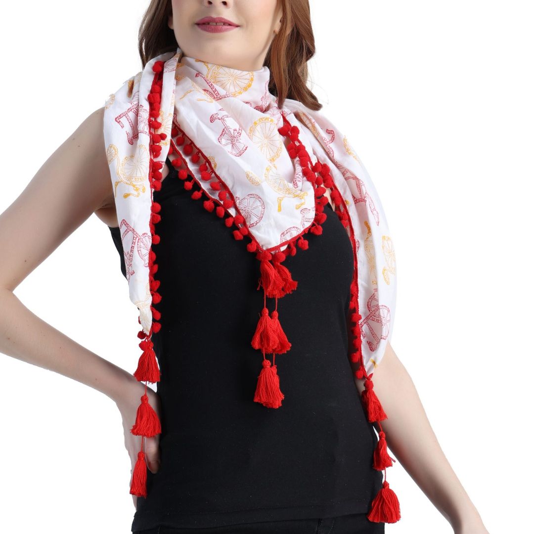Indha Bicycle Block Printed white Scarf for Girls & Woman