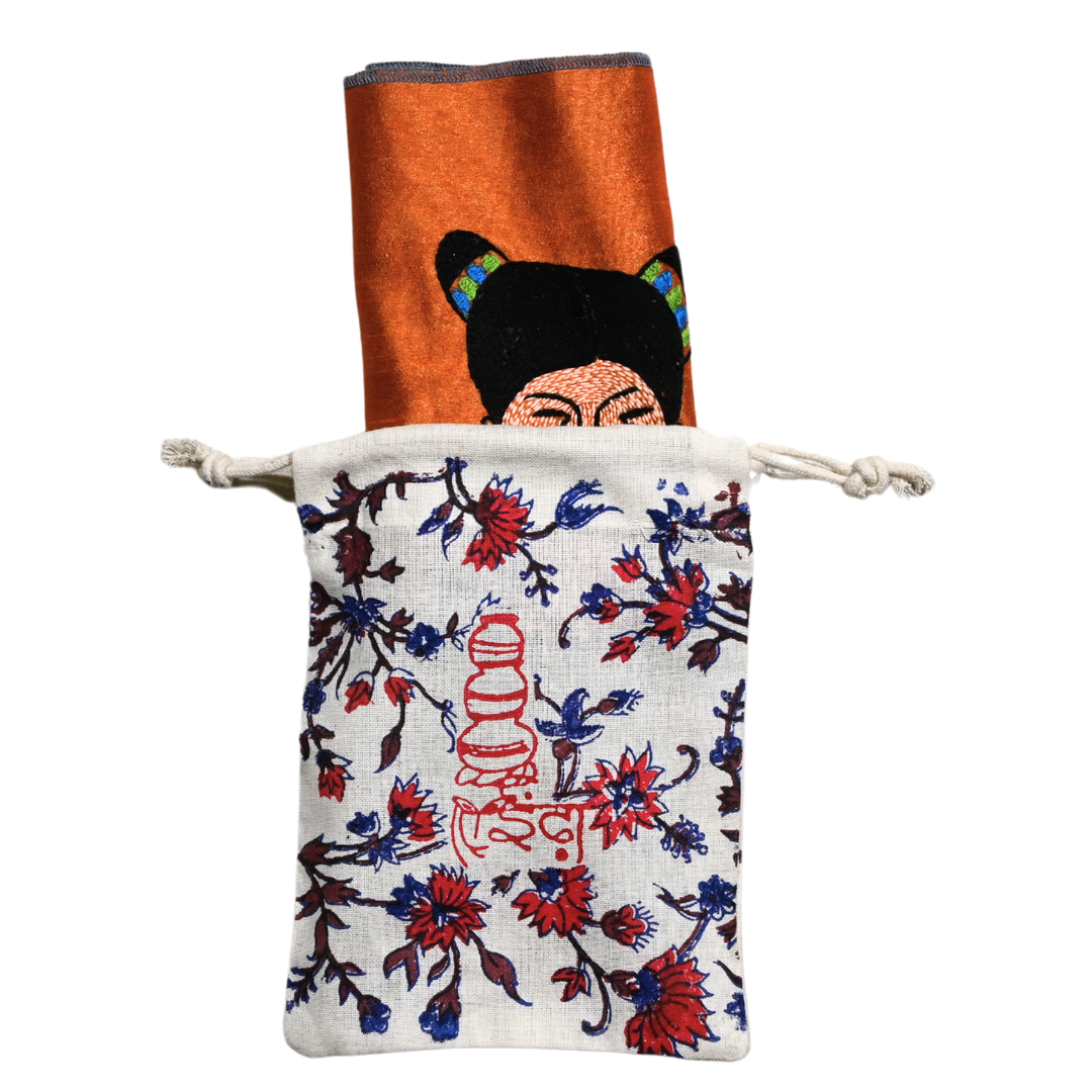 Indha Tribal Girl Hand Embroidery Panel – Bold Folk Motif on Dupion Silk | DIY Decor | Artisan Gift