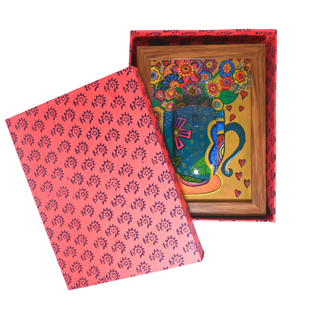 Indha Handpainted Floral Pot Wall Art | Upcycled Mouse &amp; MDF with Repurposed Wood Frame | Sustainable Home Décor with Vegan Leather Back