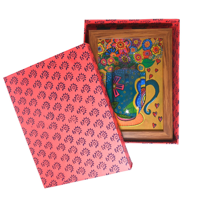 Indha Handpainted Floral Pot Wall Art | Upcycled Mouse &amp; MDF with Repurposed Wood Frame | Sustainable Home Décor with Vegan Leather Back