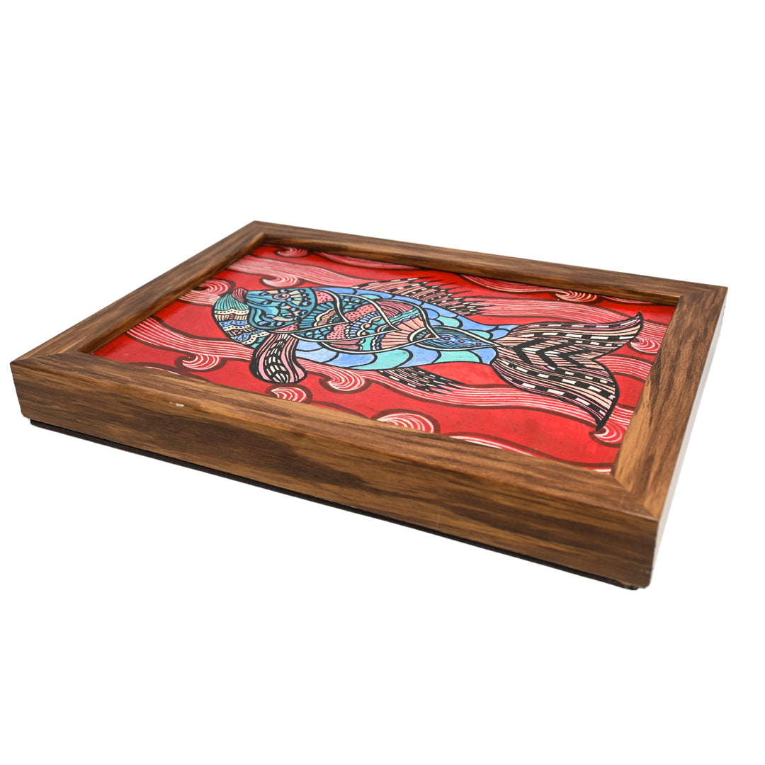 Indha Hand-Painted Boho Fish Wall Art | Upcycled Tablet Painting | Framed in Reclaimed Wood with Vegan Leather Back | Sustainable Acrylic Decor