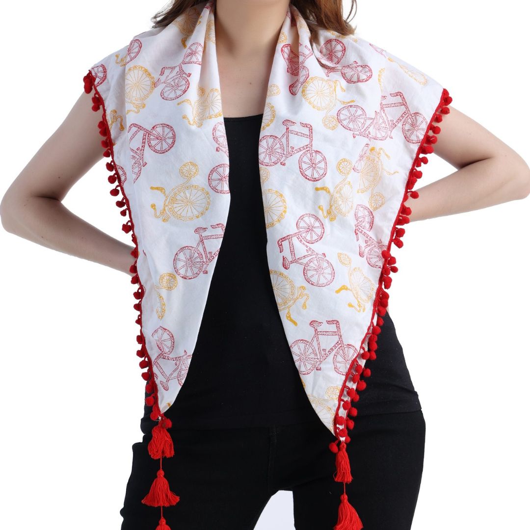 Indha Bicycle Block Printed white Scarf for Girls & Woman