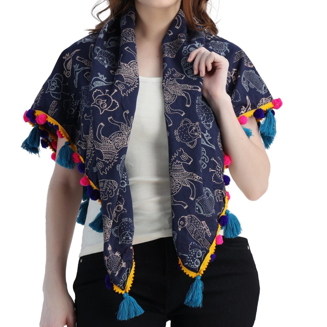 Animal Block Printed  Navy Blue Scarf for Girls & Woman