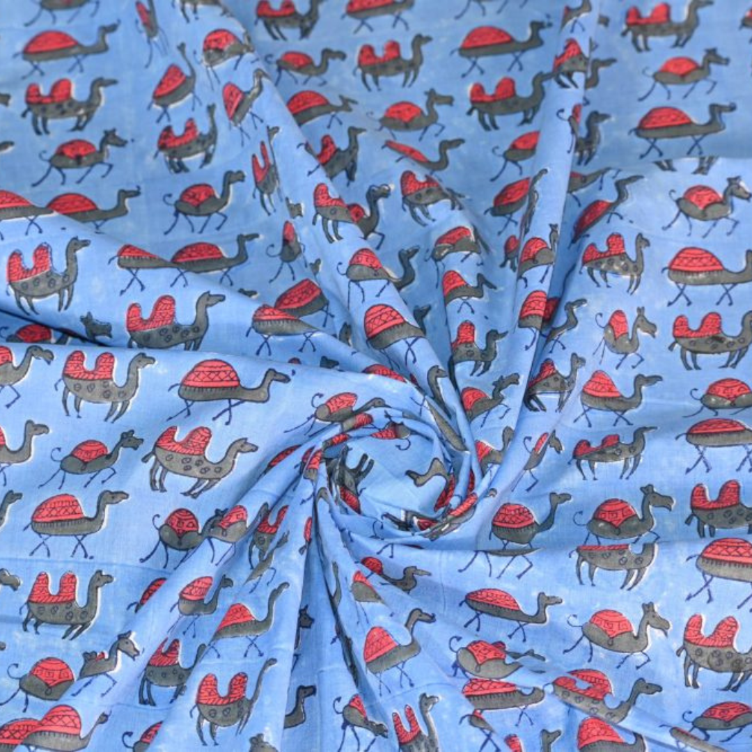 INDHA Hand Block-Printed Cotton Fabric | Red And Grey Camel Design Motif Sky Blue Cotton Fabric | Hand Block Printed Fabric | Home Utility | Fashion Utility | Gifting | Gifts For Him | Gifts For Her | Home Furnishing | Jaipuri Block Print Fabric