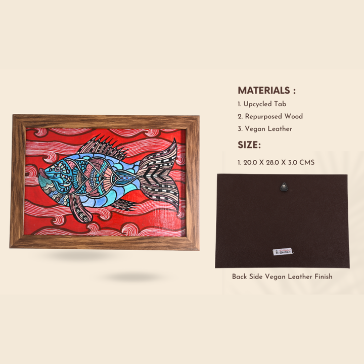 Indha Hand-Painted Boho Fish Wall Art | Upcycled Tablet Painting | Framed in Reclaimed Wood with Vegan Leather Back | Sustainable Acrylic Decor