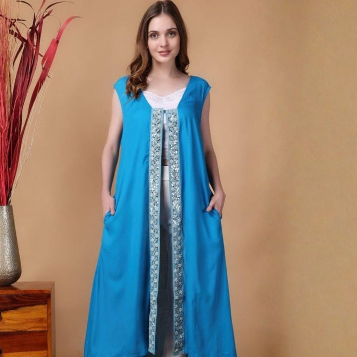 Indha Shrug | Blue Rayon Shrug | Sleeveless Shrug | Shrugs For Women | Traditional Shrugs | Gifting | Fashion Wear | Indo Western Shrug | Fashion Apparel | Ethnic