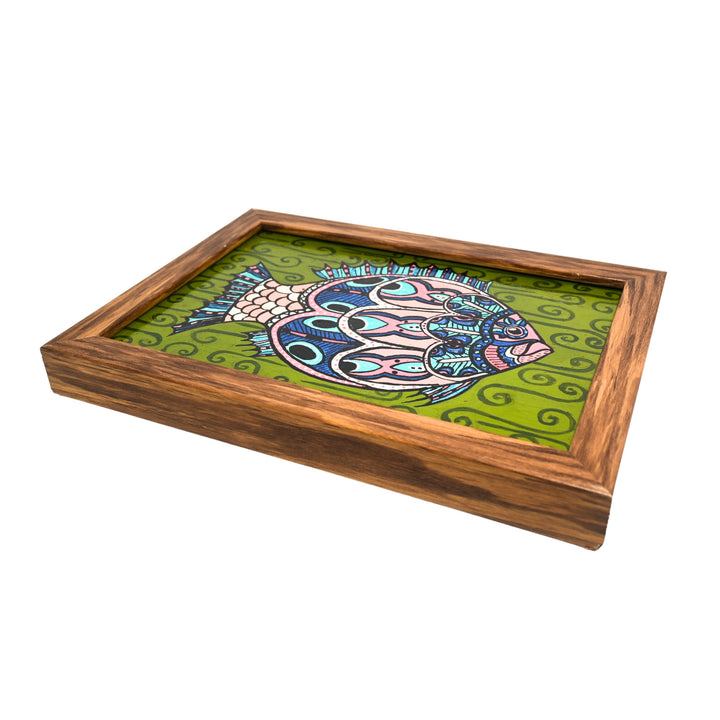 Indha Hand-Painted Boho Fish Wall Art | Upcycled Tablet Painting | Framed in Reclaimed Wood with Vegan Leather Back | Sustainable Acrylic Decor