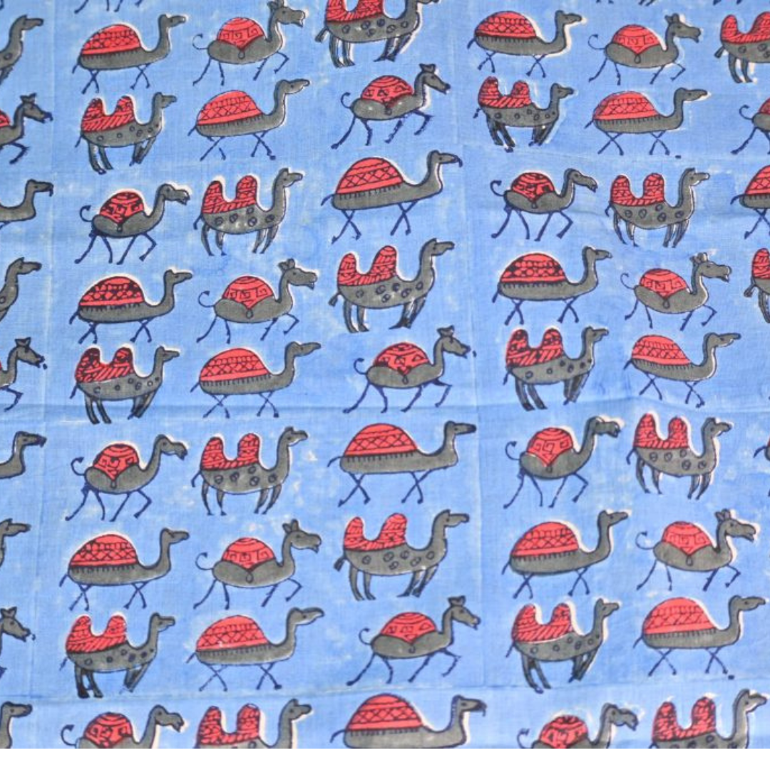INDHA Hand Block-Printed Cotton Fabric | Red And Grey Camel Design Motif Sky Blue Cotton Fabric | Hand Block Printed Fabric | Home Utility | Fashion Utility | Gifting | Gifts For Him | Gifts For Her | Home Furnishing | Jaipuri Block Print Fabric