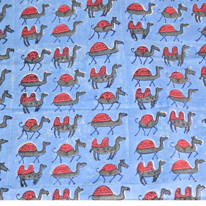 INDHA Hand Block-Printed Cotton Fabric | Red And Grey Camel Design Motif Sky Blue Cotton Fabric | Hand Block Printed Fabric | Home Utility | Fashion Utility | Gifting | Gifts For Him | Gifts For Her | Home Furnishing | Jaipuri Block Print Fabric