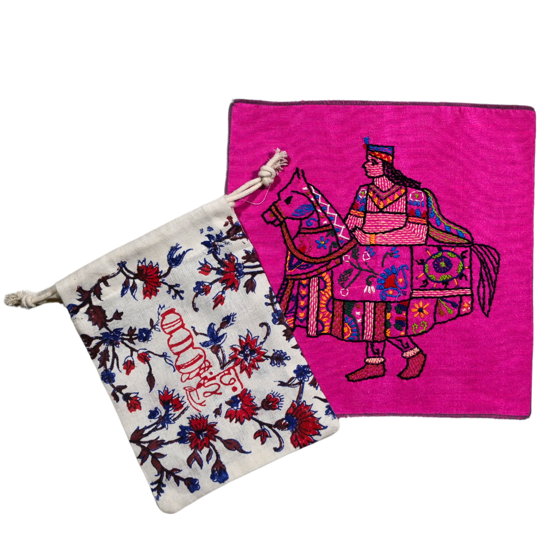 Indha Kachhi Ghodi Hand Embroidery Panel – Folk Horse Motif on Dupion Silk | DIY Decor | Cultural Gift