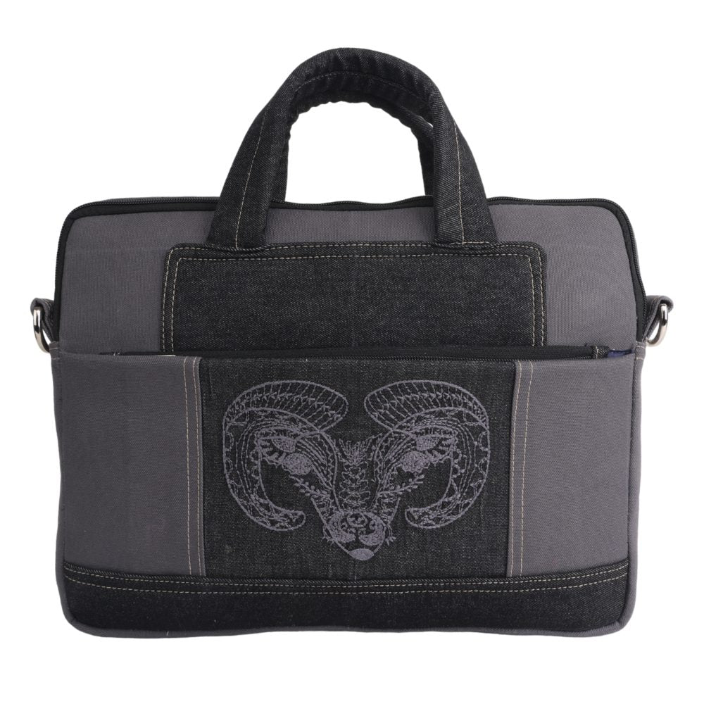 Indha Laptop Bag | Grey Canvas Laptop Bag | Black Denim Laptop Bag | Hand Embroidered Chain Stitch And Kantha Work Grey Bull Design | 14-Inch Laptop Bag Grey |