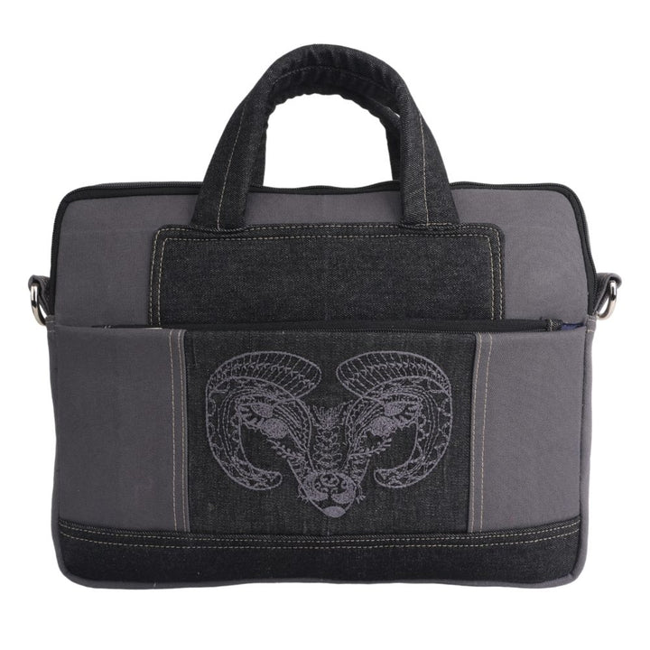 Indha Laptop Bag | Grey Canvas Laptop Bag | Black Denim Laptop Bag | Hand Embroidered Chain Stitch And Kantha Work Grey Bull Design | 14-Inch Laptop Bag Grey |