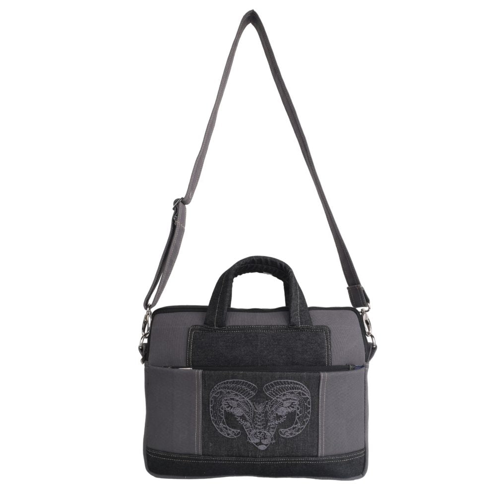 Indha Laptop Bag | Grey Canvas Laptop Bag | Black Denim Laptop Bag | Hand Embroidered Chain Stitch And Kantha Work Grey Bull Design | 14-Inch Laptop Bag Grey |