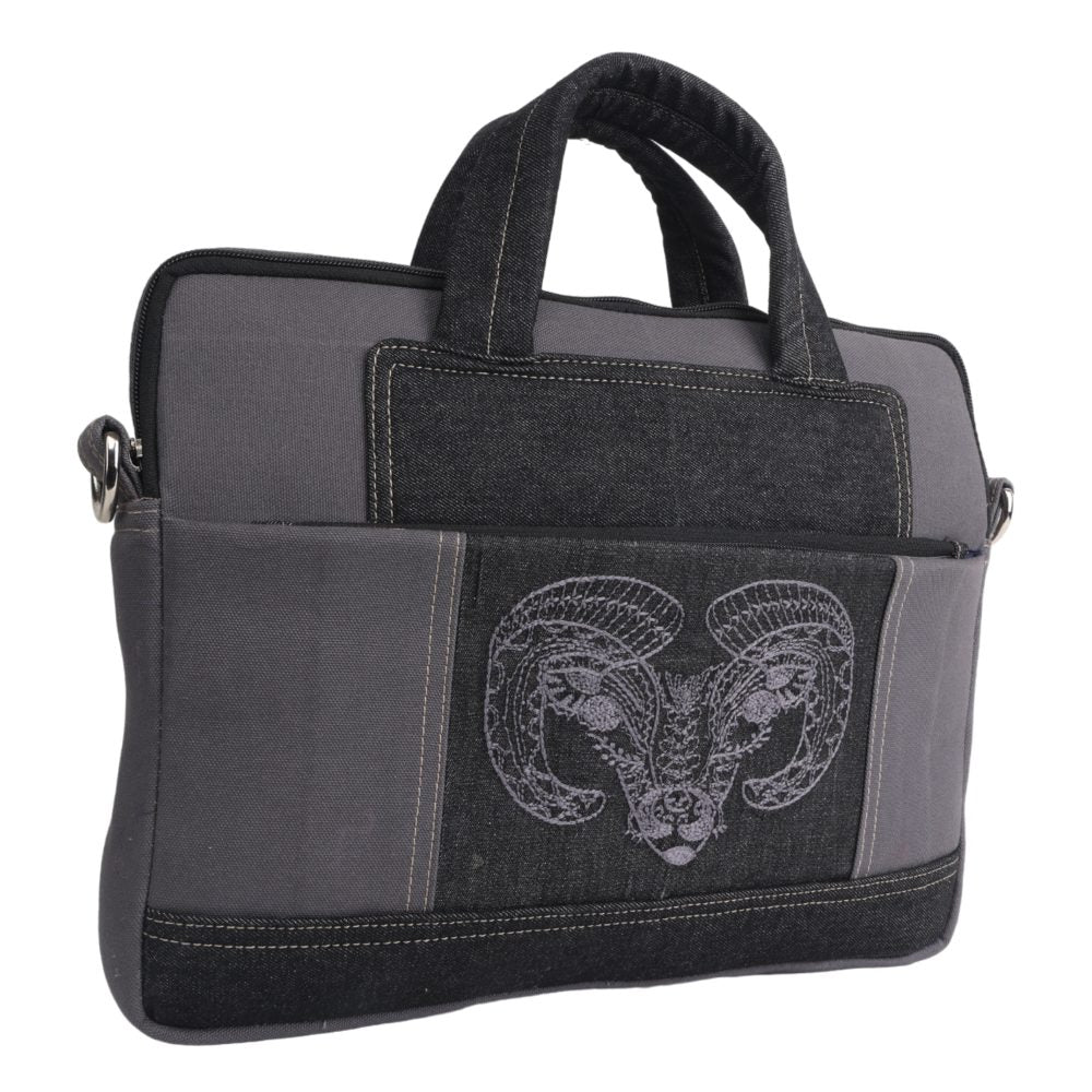 Indha Laptop Bag | Grey Canvas Laptop Bag | Black Denim Laptop Bag | Hand Embroidered Chain Stitch And Kantha Work Grey Bull Design | 14-Inch Laptop Bag Grey |