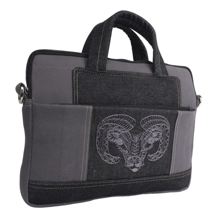 Indha Laptop Bag | Grey Canvas Laptop Bag | Black Denim Laptop Bag | Hand Embroidered Chain Stitch And Kantha Work Grey Bull Design | 14-Inch Laptop Bag Grey |