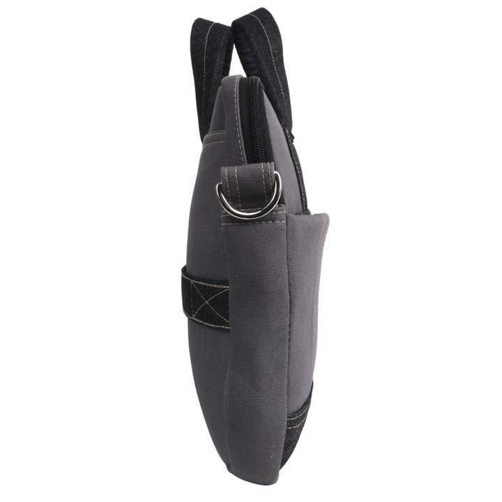 Indha Laptop Bag | Grey Canvas Laptop Bag | Black Denim Laptop Bag | Hand Embroidered Chain Stitch And Kantha Work Grey Bull Design | 14-Inch Laptop Bag Grey |