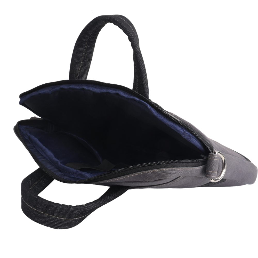 Indha Laptop Bag | Grey Canvas Laptop Bag | Black Denim Laptop Bag | Hand Embroidered Chain Stitch And Kantha Work Grey Bull Design | 14-Inch Laptop Bag Grey |