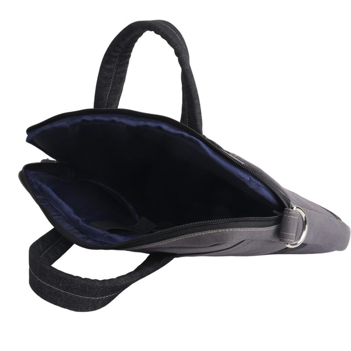 Indha Laptop Bag | Grey Canvas Laptop Bag | Black Denim Laptop Bag | Hand Embroidered Chain Stitch And Kantha Work Grey Bull Design | 14-Inch Laptop Bag Grey |