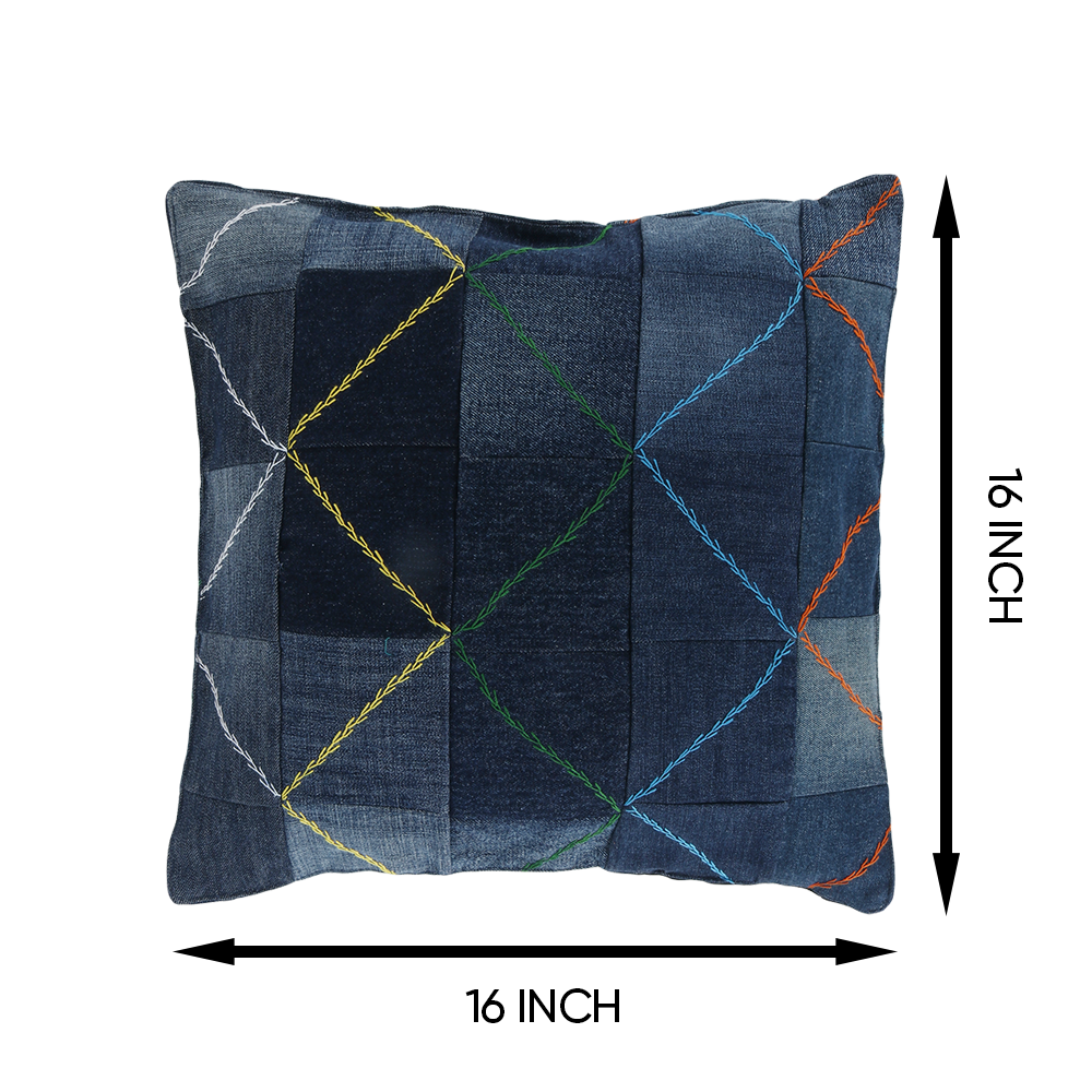 Indha Cushion Cover Denim Patchwork | 16X16 Cushion Cover Blue Denim | Home Decor | Throw Cushion Cover Set | Home Furnishing | Corporate Gifting