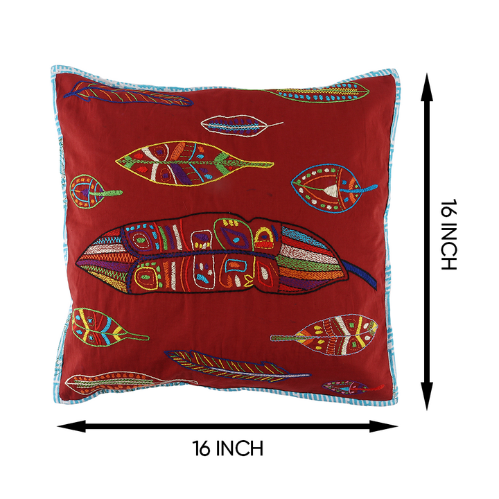 Indha Embroidered Cushion Cover Feather Embroidery Red | 16X16 Inches Cushion Cover | Red Cushion Cover | Home Decor | Throw Cushion Cover Set | Home Furnishing | Corporate Gifting