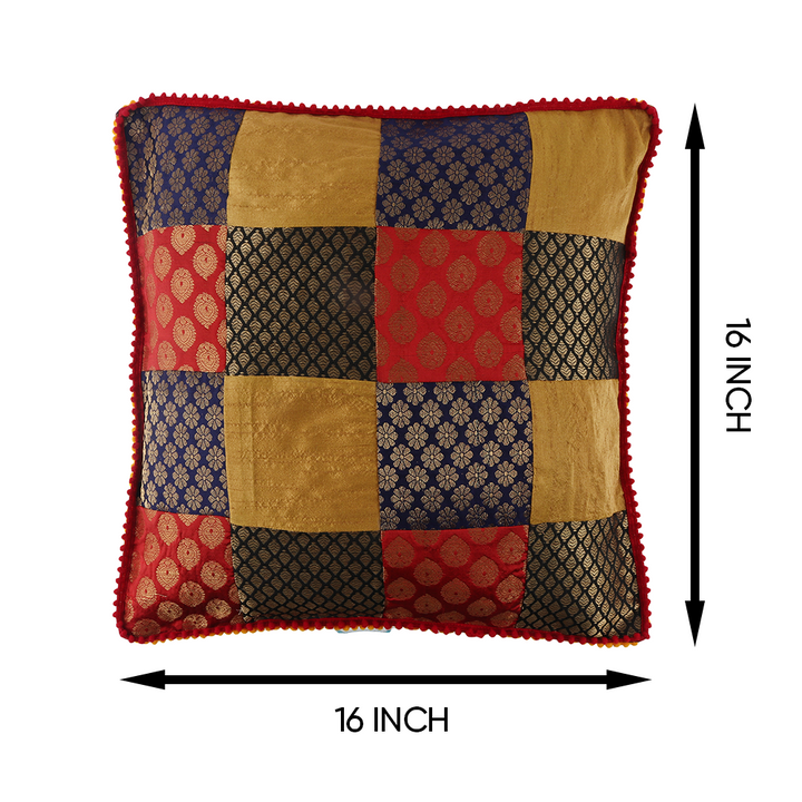 Indha Cushion Cover Brocade Patchwork | 16X16 Inches Cushion Cover | Home Furnishing | Home Decor | Throw Cushion Cover Set | Corporate Gifting | Set of 2 Cushion Covers